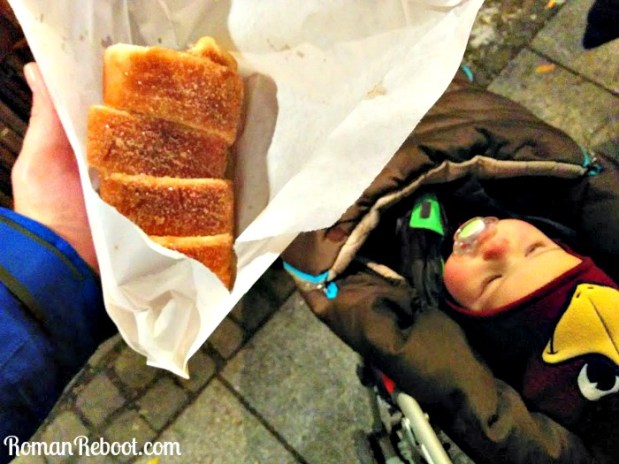 Note the bundled toddler.  Henry will pretty much stay in the stroller as long as he is getting food.  Can't imagine where he gets it . . . 