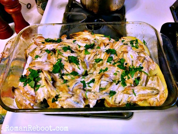 I had a delightful time with the fish guys this week.  We talked fresh catches and how to prepare them.  Here is my attempt at alici con patate al forno.  If I had just sliced the potatoes a little thinner, I think it would have been money.