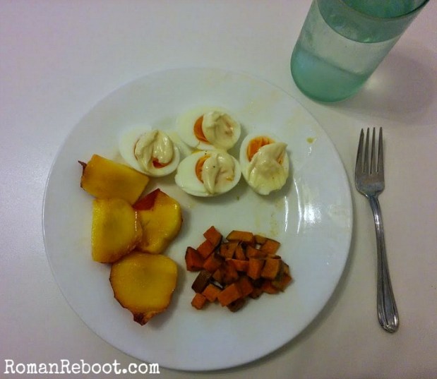 Boiled eggs with mayo and truffle salt, roasted sweet potatoes, peaches