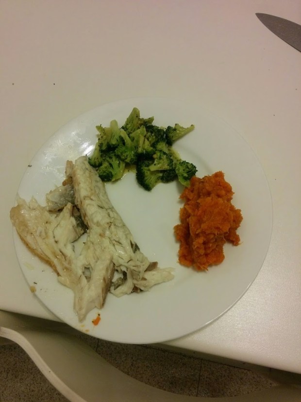 I cooked a whole fish!  Eaten with mashed sweet potatoes and steamed broccoli that was topped with mayo fail "sauce"